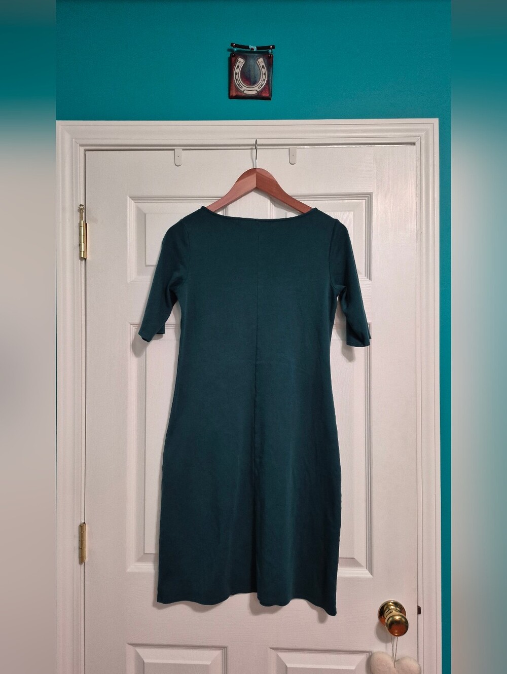 Fair Indigo 100% Organic Pima Cotton Half Sleeve Boat Neck Dress - Peacock Teal - Picture 3 of 10